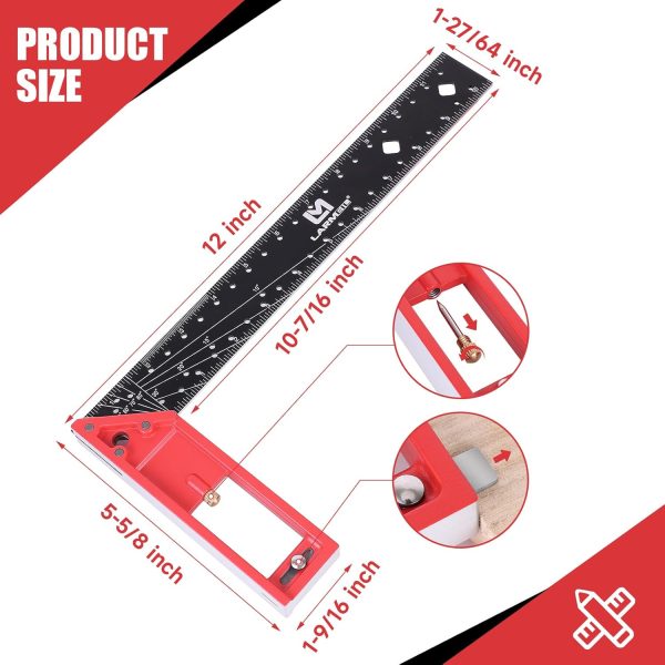 12 Inch Framing Square Carpenter Square, Woodworking Square Ruler, Try Square Tool, T Square Ruler, L Square Ruler, Layout Tool, Right Angle Ruler with Retractable Ledge and Scribe Mark Pin - Image 5