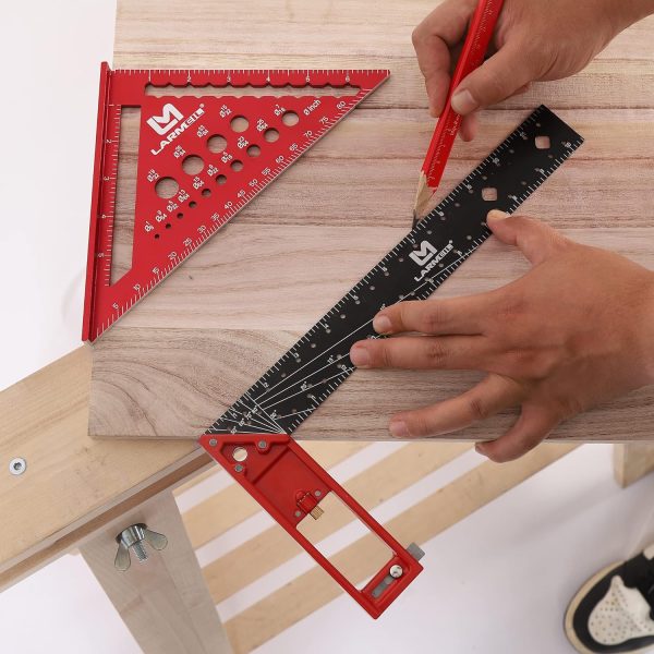 12 Inch Framing Square Carpenter Square, Woodworking Square Ruler, Try Square Tool, T Square Ruler, L Square Ruler, Layout Tool, Right Angle Ruler with Retractable Ledge and Scribe Mark Pin - Image 6