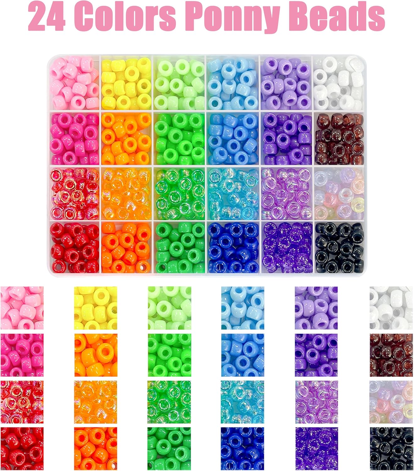 LIS HEGENSA Pony Beads Bulk,Kandi Beads for Necklace Jewelry Making Hair Braiding,Bracelets Making Kits,Hair Bead,Bracelet Beads,Plastic Beads for Crafts Braids Girls(24 Color,1000PCS)