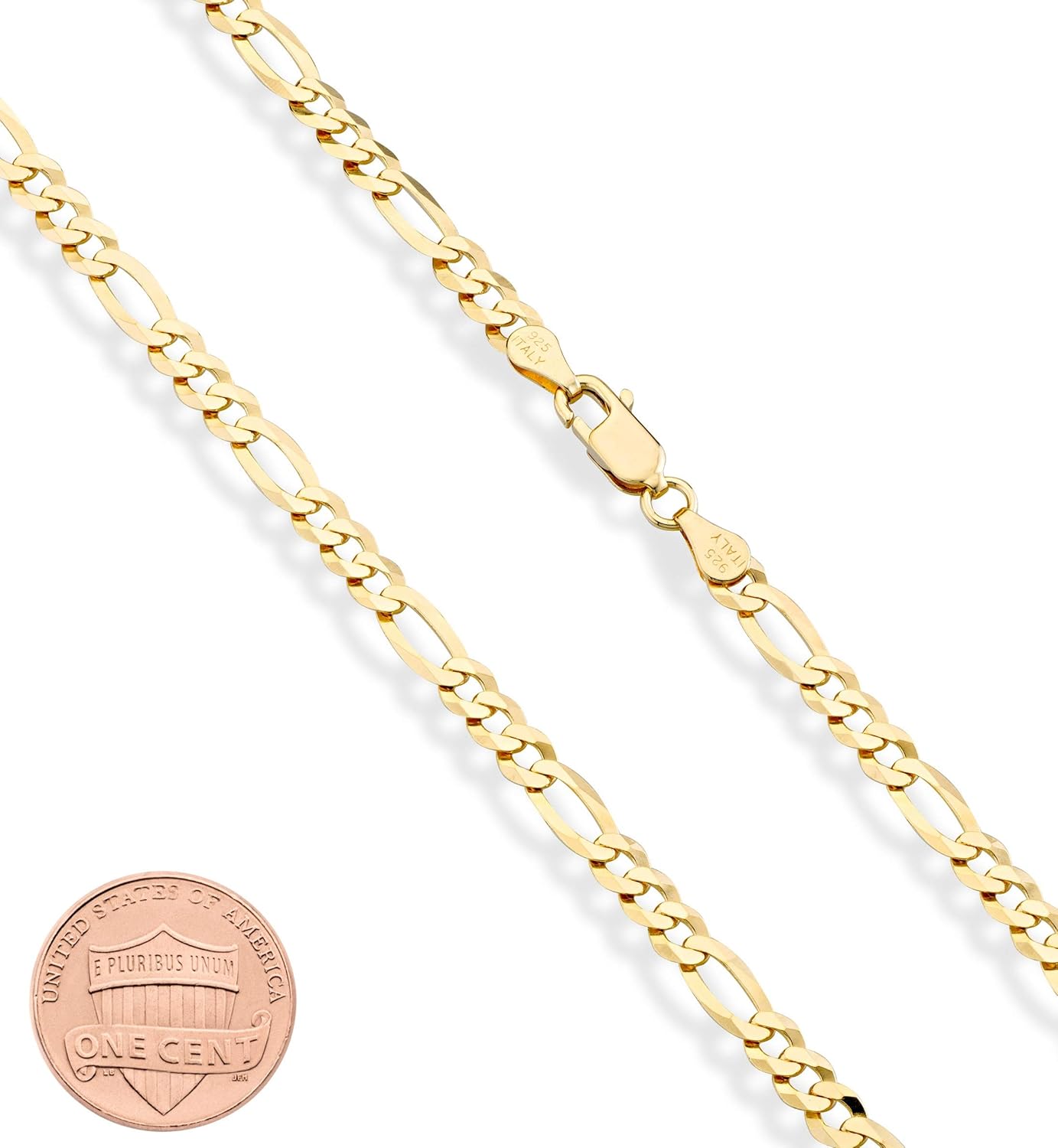 Solid 18K Gold Over Sterling Silver Italian 5mm Diamond-Cut Figaro Link Chain Necklace for Women Men, 925 Made in Italy