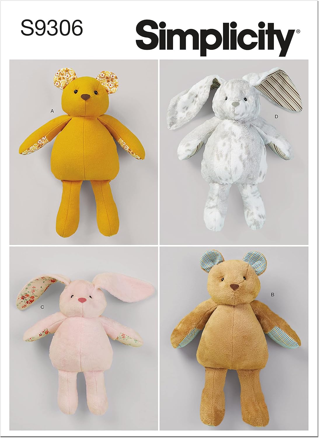 Simplicity Plush Bunnies and Bear Packet, Code 9306 Sewing Pattern, One Size, White