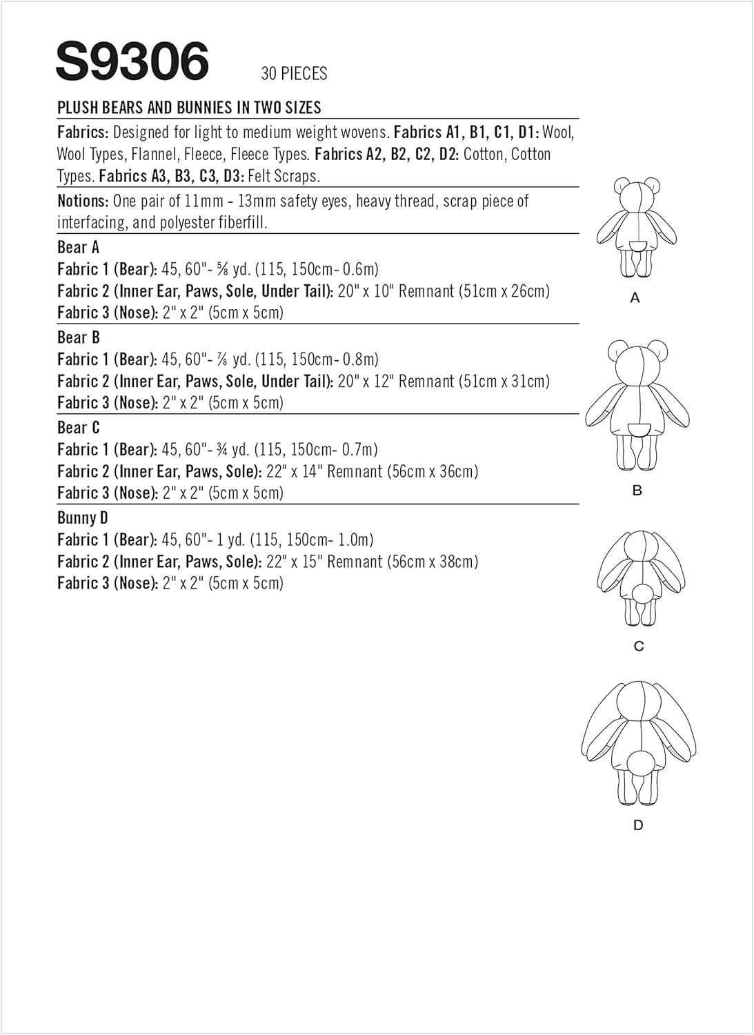 Simplicity Plush Bunnies and Bear Packet, Code 9306 Sewing Pattern, One Size, White