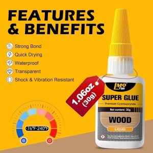 Wood Super Glue Liquid, Clear Instant Cyanoacrylate Adhesive for Wood Crafts Repair Woodworking, All Purpose CA Glue for Shoe Ceramic Plastic Leather Glass Model Metal Pottery Aquarium Porcelain Stone